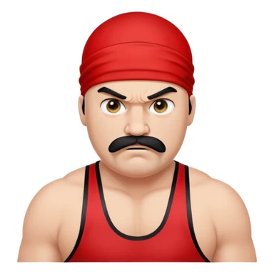 White skin fat guy with prominent black durag, short black beard and mustache, black eyes in a red and black wrestling singlet with angry face sticker