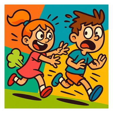 girl farting while chasing a boy, cartoon style, exaggerated expressions, vibrant toon style, colorful, playful, energetic sticker