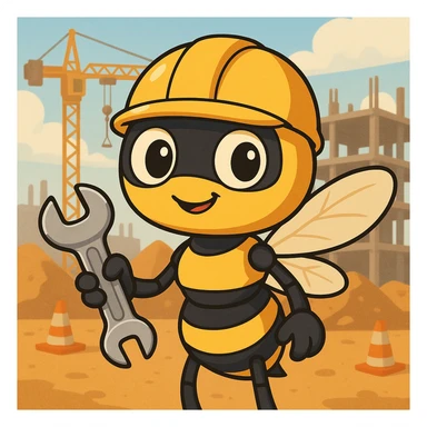 worker drone, cartoon style, friendly eyes, holding a wrench, construction site background sticker