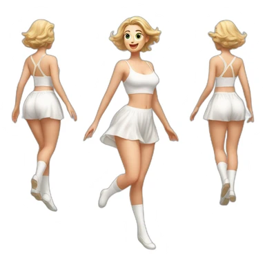 realistic full body caucasian curvy beauty jumping short dress back and front views strong wind white knickers long white socks sticker