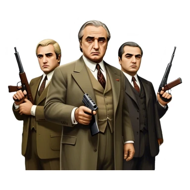 A vintage movie poster-style design featuring Don Vito Corleone surrounded by gangsters with Tommy guns. Include a dark, moody noir atmosphere with skyscrapers of New York in the background. The scene should be tense and mysterious, with a retro cinematic feel. Transparent background. sticker