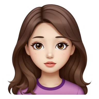 “korean straight brown hair Emoji girl, soft eyeliner and blush, gradient lips, light brown shimmer eyeshadow, long wavy hair,  sticker