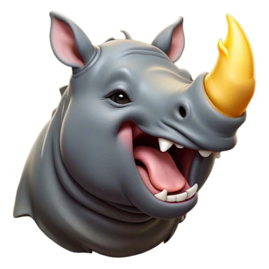 Cinematic Cute Yawning Rhinoceros Portrait Emoji, Head tilted slightly with a dramatic, wide-open yawn, showcasing a soft, textured slate-gray hide with a slightly drooping horn and eyes barely open in drowsy contentment, Simplified yet irresistibly adorable features, highly detailed, glowing with a soft, cozy glow, high shine, relaxed yet expressive, stylized with a touch of rugged whimsy, bright and endearing, soft glowing outline, capturing the essence of a sleepy yet affectionate rhinoceros, so drowsy it feels like it could stretch out of the screen and curl up for a nap! sticker