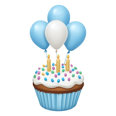 Please make some balloons that are light blue, and place a small cake underneath them. Make the balloons long and make more balloons. sticker