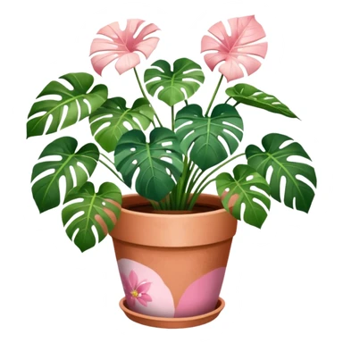 monstera plant in a plant pot in terra cota with white and pink flowers hand painted on the pot  sticker
