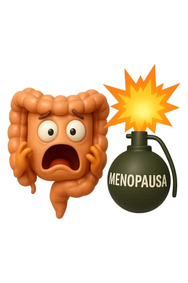 EMOJI STILE IPHONE 3D DI INTESTINO 3D CON ESPRESSIONE SPAVENTATA IN VOLTO MENTRE ACCANTO A LUI SCOPPIA UNA GRANATA 3D CON LA SCRITTA "MENOPAUSA" SOPRA, FAGLI ANCHE LA PARTE BIANCA DEGLI OCCHI, NON SOLO LA PUPILLA sticker