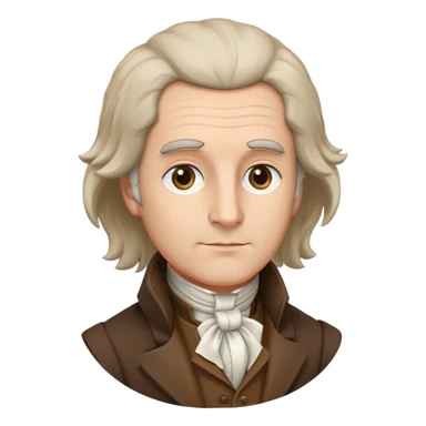 Rousseau with features matching classic portraits: oval face, prominent nose, powdered wig, brown coat, white cravat, soft expression sticker