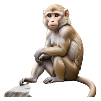 cinematic-macaque-realistic-full-body-sitting-emoji,-compact-muscular-frame-poised-on-a-rocky-outcrop,-short-curled-tail-resting-behind,-head-tilted-dramatically,-thick-dense-fur-in-warm-shades-of-brown-and-grey,-expressive-eyes-filled-with-intelligent-curiosity,-simplified-yet-realistic-focused-features,-highly-detailed,-glowing-with-an-almost-sarcastic-glow sticker