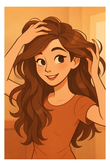 beautiful young woman with flowing brown hair, using her hands to style it, warm and inviting atmosphere, contemporary cartoon style sticker