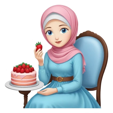 Turkish beautiful finish Konya girl blue eyes with pastel hijab long tail dress and sits on the chair and holds strawberry cake with her hand  sticker