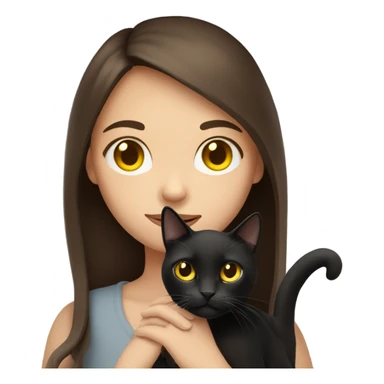 A girl with white skin, mid long brown hair, holding a black cat in her arms with yellow eyes sticker