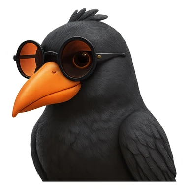 Make the bird slightly more realistic than the original, but still cartoonish. Keep the same pose, orange beak, and round sunglasses. Add subtle feather texture and gentle shading, but not hyper-realistic. Bird looking to the right. No background. The style should maintain the cartoonish look of the original bird. sticker