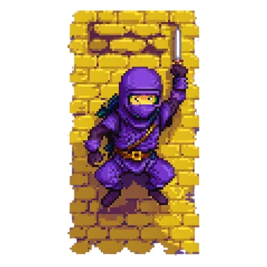 pixel art stealthy ninja, dark purple outfit, climbing a wall sticker