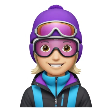 Pro Snowboarder with white and grey beanie, ONE pair of purple and blue frameless goggles on and a black jacket sticker