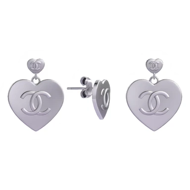 3D emoji-style black and white heart-shaped earrings with a silver Chanel logo in the center, elegant sticker