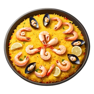 cinematic-realistic-paella-dish-emoji,-depicted-as-a-vibrant,-aromatic-rice-dish-loaded-with-seafood,-chicken,-and-saffron-rendered-with-rich-textures-and-dynamic,-warm-lighting with a lemon slice in the middle sticker