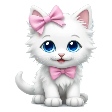 A happy cute fluffy white kitten with blue eyes and a pink bow  sticker