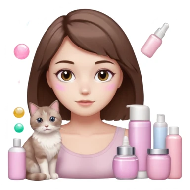 soft girl with short brown hair, surrounded by skincare, sparkles, two light brown ragdoll cats, pink pastel vibe sticker