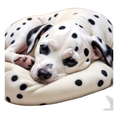 Cinematic cute Sleeping Dalmatian Portrait Emoji, cute and serene, with a round, plump build and a glossy white coat adorned with distinctive black spots, eyes gently closed in peaceful slumber, Simplified yet irresistibly endearing features, highly detailed, glowing with a gentle, dreamy glow, high shine, relaxed and content, stylized with a touch of whimsy, bright and heartwarming, soft glowing outline, capturing the essence of a blissfully sleepy companion, so comically serene it feels like it could roll out of the screen and snore with adorable charm! sticker
