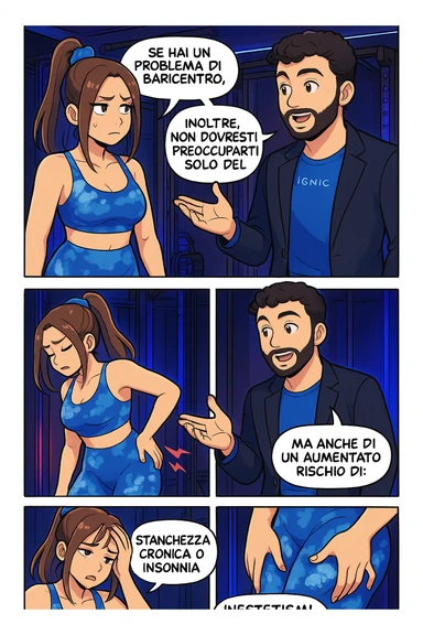 TRASFORMA QUESTO CAROSELLO IN UN FUMETTO STILE WEBTOON/MANGA A COLORI CON QUESTE DUE PERSONE IDENTICHE CHE INTERLOQUISCONO TRA LORO, L'uomo sta spiegando alla donna questo concetto:

Se hai un problema di baricentro, inoltre, non dovresti preoccuparti solo del reflusso e del gonfiore addominale, ma anche di un aumentato rischio di:
    • dolori e rigidità diffuse
    • disturbi pavimento pelvico
    • stanchezza cronica o insonnia
    • inestetismi visibili, come celluluite
    • etc… sticker