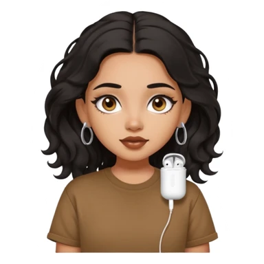 a pretty FAIR indian bratz girl with wavy long black hair, wearing an oversized brown tshirt,wearing airpods, eyeliner on sticker
