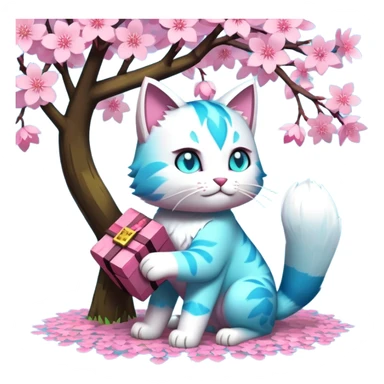 Cyan cat hold TNT from the game Minecraft standing under the sakura tree  sticker