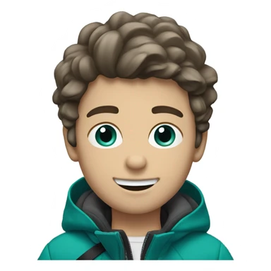 Boy skiing with teal color skis. He has brown wavy hair. He is wearing black pants. And a gray coat jacket sticker