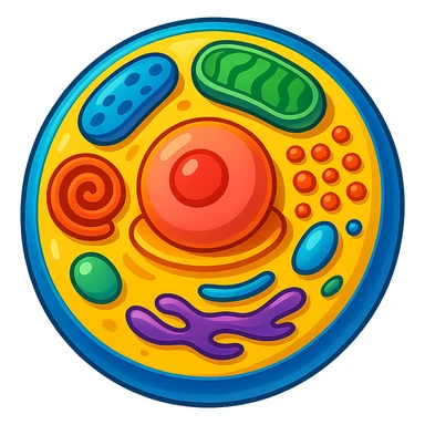 Make the cell and organelles more 3D and vibrant stylized illustration, remove the background, with bright colors and dynamic shading in a vibrant toon style. sticker