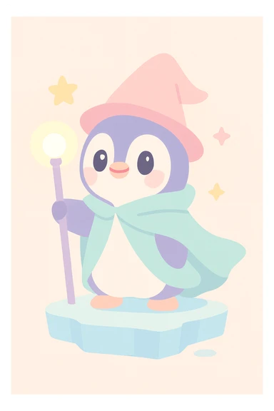 heroic penguin wizard with a flowing cloak, standing on an icy platform, staff glowing sticker