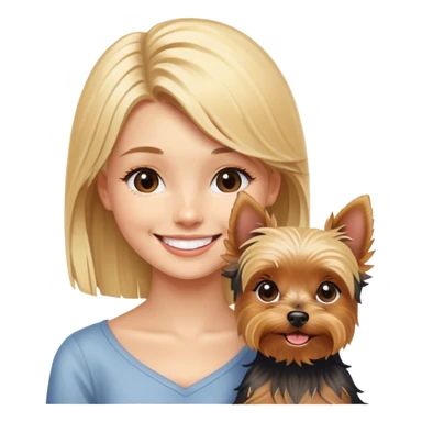 blonde girl smiling with  Yorkshire Terrier sticker