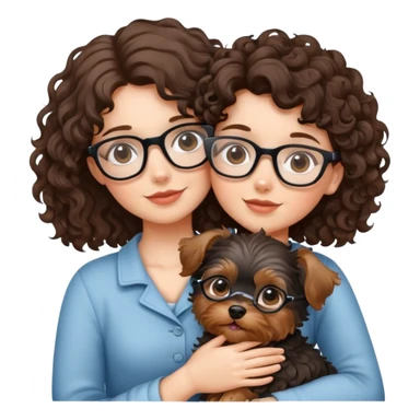 Brunette girl with glasses and curly hair embracing a yorkshire terrier puppy sticker