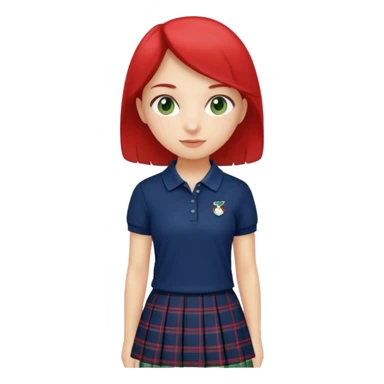 School uniform with navy polo shirt and navy plaid skirt with green white and red  sticker