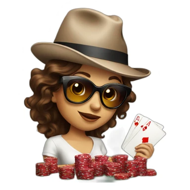 female with dark sunglasses brown wavy hair playing poker with a poker dealer hat sticker