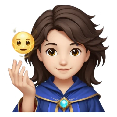 A teen brunette mage with tousled hair, holding a tiny glowing orb and smiling confidently. sticker