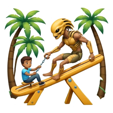 The Predator, in a dream like park, pushing unwilling the alien in a seesaw. sticker
