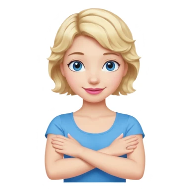 Girl Blonde short wavy hair,  blue eyes, cute blue top, long lashes, pink lips, smiling, making cross arms with arms  sticker