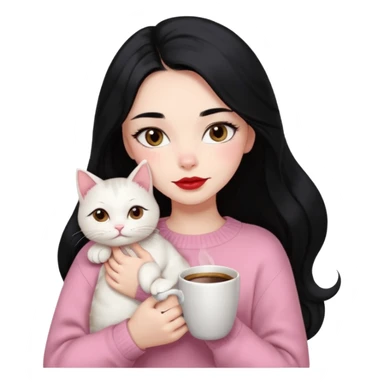 Beautiful Girl Long Hair black, Brows Big , Skin White, Sweater Pale Pink , Big Red Lips, Eyes coffe, Hug Little baby Persa Cream Cat With Cute Eyes sticker