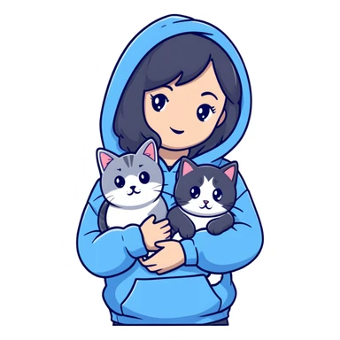 Girl with black hair in gray hoodie with a British shorthair blue and white cat and a long-haired blue and white cat sticker