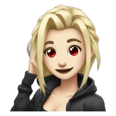 2d cartoon goth gamer blonde hair, red eyes, snake pupils, big smile, dabbing sticker