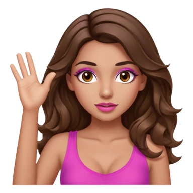 girl with long wavy brown hair, brown eyes, long lashes makeup, sexy pink lips, light to medium complexion, pink sexy top, two hands up shrugging sticker