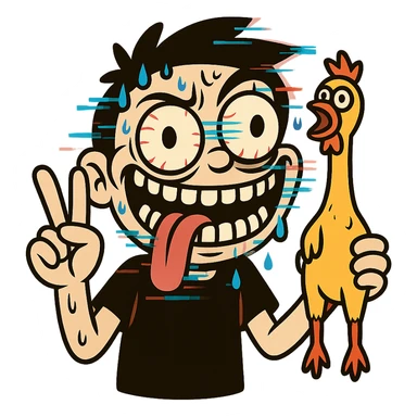 flat toon style bulging eyes, unhinged grin, too many teeth, one eyeball twitching, tongue out sideways, sweating, glitching, peace sign, holding cursed rubber chicken sticker