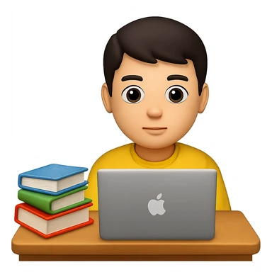 Edit the image to depict a student working on a laptop at a desk with a stack of books on the desk in the style of apple emojis. Maintain the apple emoji style and add a stack of books on the desk clearly visible. sticker