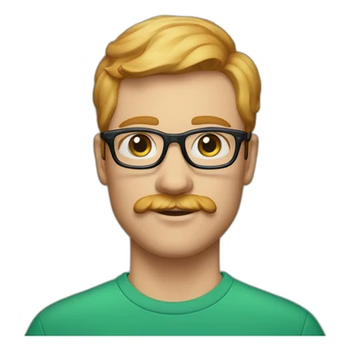 35 year old man with strawberry blond hair, clean shaved chin with moustache, blue eyes and round green glasses sticker