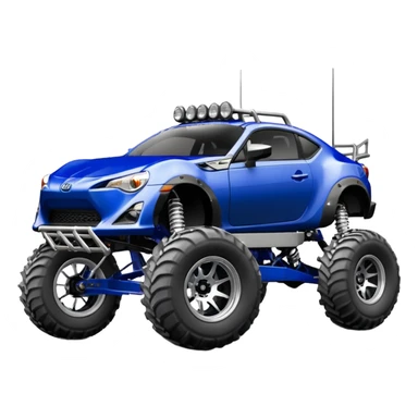 LCG Armored Dirty raced redneck jacked 2013 scion fr-s ultramarine off road 4wd monster truck style Baja dessert stadium rock racer number 86 with long travel swing arm suspension, shiny silver wheels, exaggerated wide black fender flares and trailer  sticker