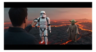 Cinematic still, Shot on vlog camera, Starwars stormtroopers vlogging , he is walking on lava planet with yoda sticker