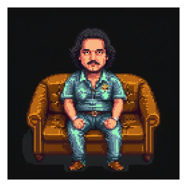Pablo Escobar sitting on a sofa, pixel art style sticker