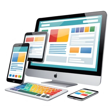 Modern icon for Web Design: a computer and smartphone or tablet screen displaying a website layout, HTML code, and design tools like a stilus and color palette. Transparent background. sticker