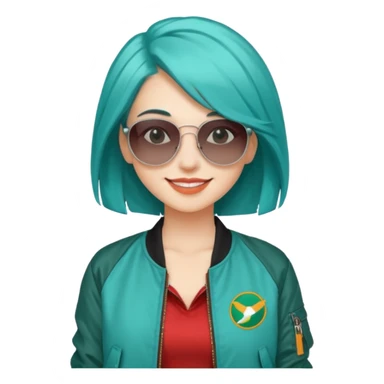 young fashionable woman, shoulder-length teal hair, wearing a bomber jacket and sunglasses, smiling sticker