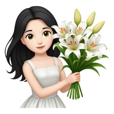  A girl with a black half-up half-down hairstyle, and a white dress, enjoying the spring breeze.Holding a bundle of lily sticker