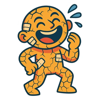 cartoon figure with visible cracks or bandages, laughing, colorful style sticker